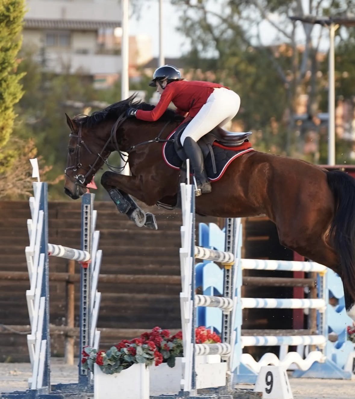 Amazona del Club Hípico Vallromanes saltando un oxer en concurso de salto de obstáculos